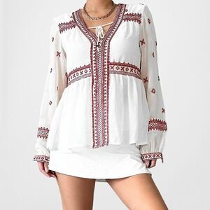 Vintage Off White Boho Long Sleeve Tribal Print Semi Sheer Babydoll Blouse XS
